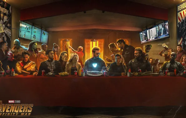 Картинка стол, фантастика, Scarlett Johansson, Vision, постер, застолье, персонажи, Nebula