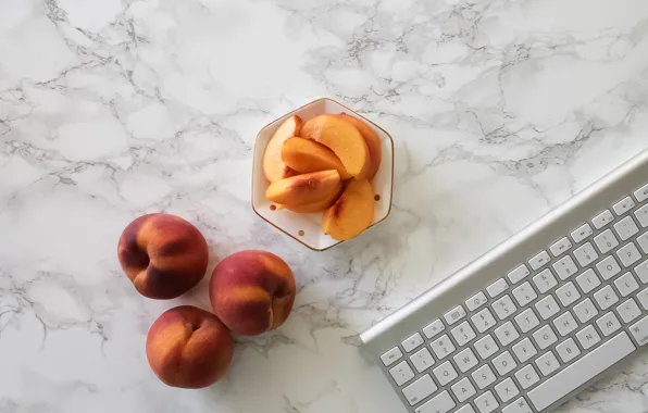 Клавиатура, персики, peach, keyboard, marble