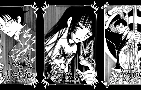 Девушка, аниме, парни, портреты, монохромная, xxxHolic, Триплексоголик