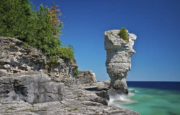 Море, осень, деревья, озеро, скалы, Канада, Онтарио, Bruce Peninsula National Park