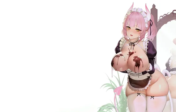 Girl, sexy, ass, thighhighs, pink hair, horns, long hair, boobs
