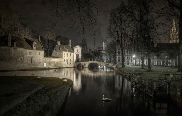 Ночь, Бельгия, Bruges, Love Lake