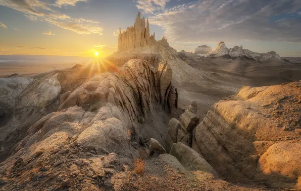 Desert, sunset, mountains