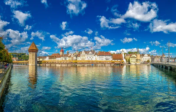 Картинка Дома, Башня, Озеро, Швейцария, Панорама, Набережная, Luzern
