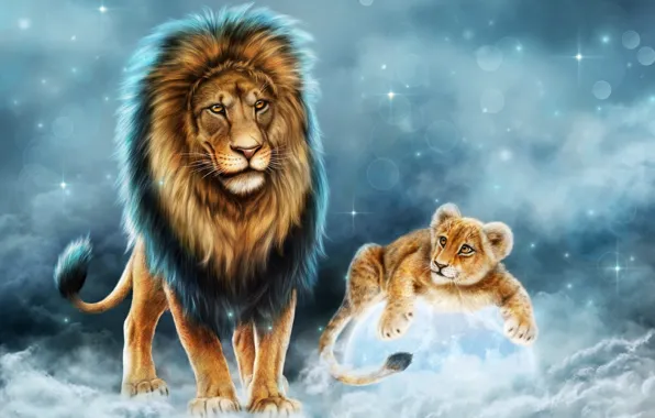 Картинка животные, хищник, лев, царь, отец, львенок, сын