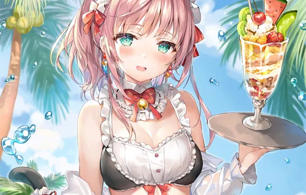 Girl, sexy, cleavage, pink hair, green eyes, long hair, boobs, animal ears
