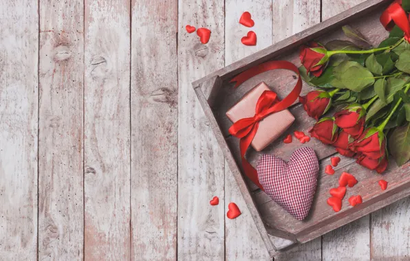 Подарок, Love, розы, букет, сердечки, красные, heart, wood