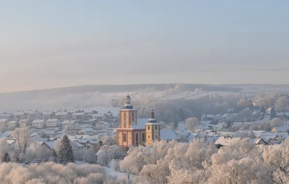 Germany, winter, snow, morning, fog, hills, sunrise, dawn
