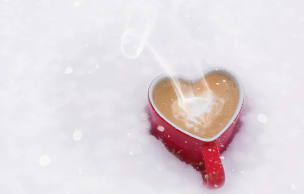 Картинка зима, снег, сердце, кофе, пар, кружка, hot, heart