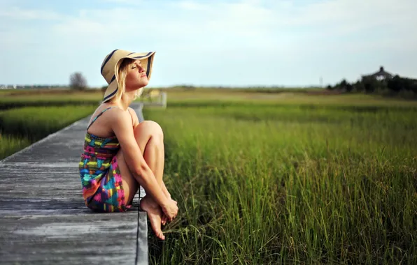 Картинка поле, лето, девушка, шляпа