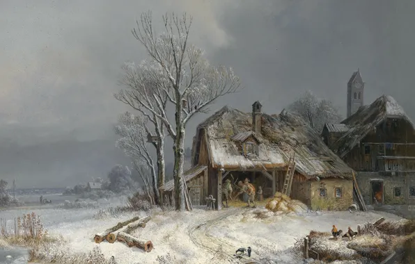 1865, oil on canvas, Генрих Бюркель, Winterliches Dorf, Зимняя деревня, Wintry village, Heinrich Bürkel, In …