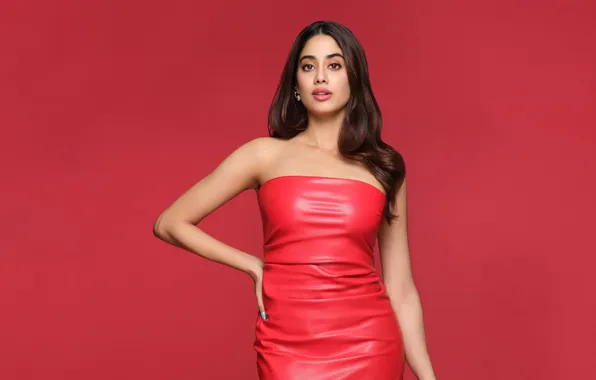Red dress, Red background, Indian actress, Janhvi Kapoor, Red aesthetic