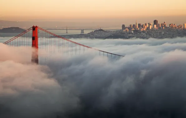 Облака, мост, город, туман, США, Golden Gate Bridge, Сан - Франциско