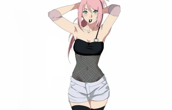 Girl, sexy, cleavage, Naruto, Sakura, shorts, blouse, thighhighs