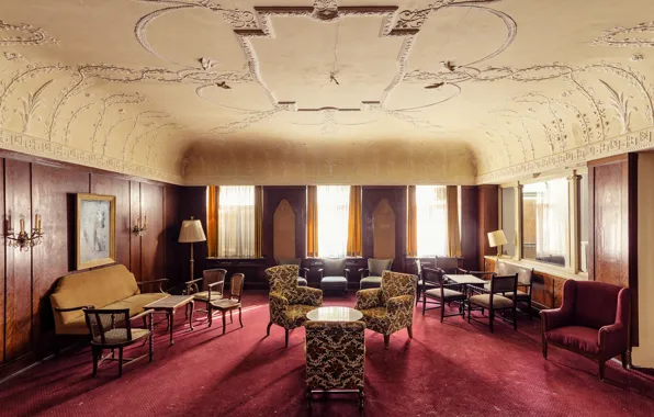 Windows, room, sofa, sunlight, chairs, curtains, armchairs, red carpet