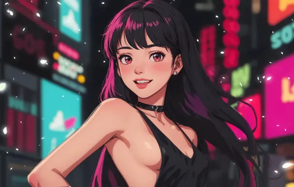 City, long hair, city lights, digital art, artwork, smiling, anime girls, small boobs