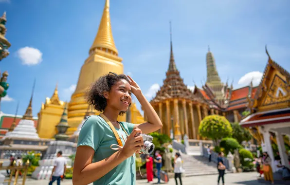 Картинка Девушка, Улыбка, Люди, Таиланд, Бангкок, Thailand, Bangkok, Ват Пхра Кео