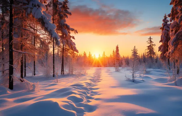 Зима, лес, солнце, облака, снег, деревья, закат, природа