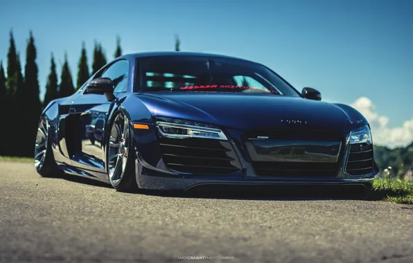 Audi, Ауди, Синий, Машина, Фары, Audi R8, Суперкар, Передок