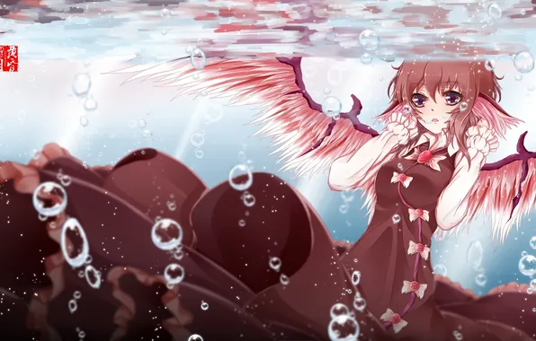 Картинка девушка, пузыри, крылья, аниме, арт, под водой, touhou, mystia lorelei
