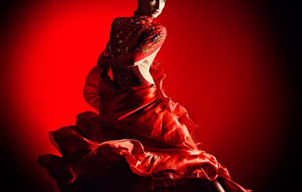 Красный, фон, Девушка, танец, фламенко, flamenco