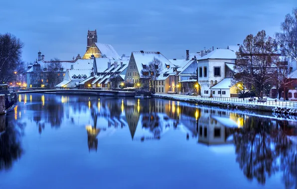 Зима, город, река, фото, дома, Германия