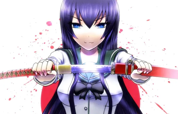 Картинка девушка, фон, синие волосы, Saeko Busujima, взгляд. меч