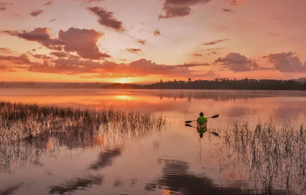 Картинка закат, озеро, водная гладь, каноэ, Minnesota, National, Forest, Canoe