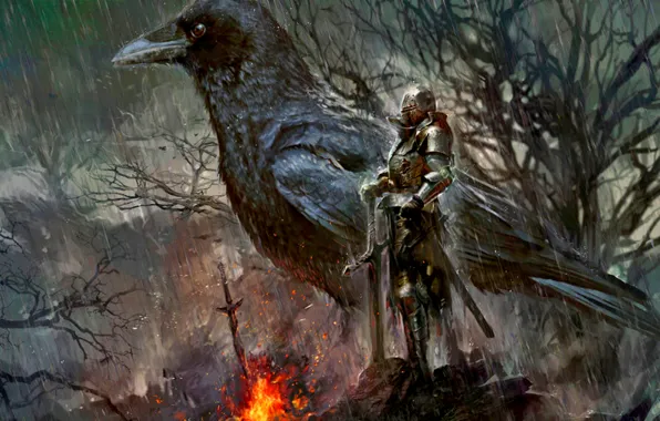 Дождь, рыцарь, ворон, костёр, Dark Souls