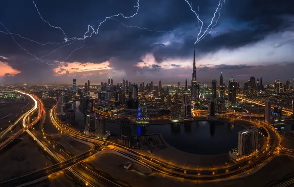 Город, огни, молнии, молния, вечер, Дубаи, ОАЭ, башня Бурдж-Халифа