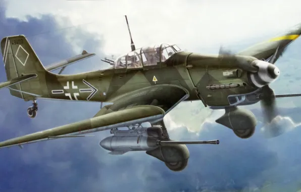 Art, painting, aviation, Junkers Ju 87 G-2 Stuka &ampquot;Rudel&ampquot;, German IIWW Dive-Bomber