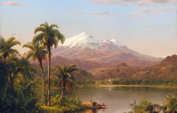 Картинка Горы, Лодка, Люди, Пальмы, Картина, Frederic Edwin Church, Фредерик Эдвин Чёрч, Tamaca Пальмы