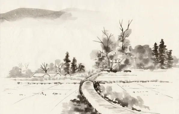 Картинка деревья, мост, река, берег, Япония, деревня, Живопись