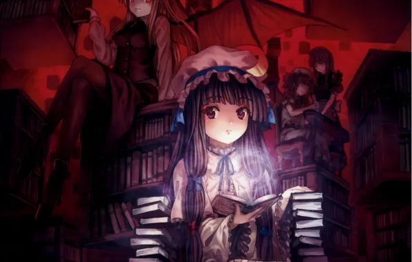 Свет, книги, крылья, библиотека, touhou, remilia scarlet, izayoi sakuya, art