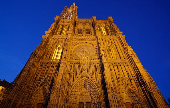 Свет, ночь, Франция, архитектура, Страсбург, кафедральный собор