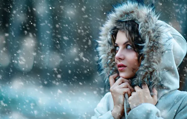 Картинка холод, девушка, снег, капюшон, мех, Alessandro Di Cicco, Let it snow