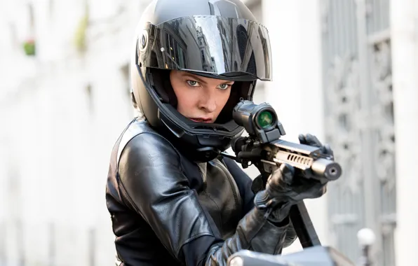 Картинка поза, оружие, байк, шлем мотоциклиста, Rebecca Ferguson, Ребекка Фергюсон, Миссия невыполнима: Последствия, Mission: Impossible – …