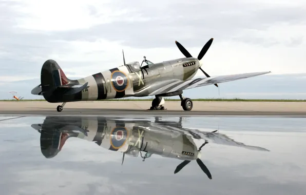 Water, plane, reflection, spirit of kent spitfire