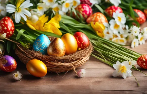 Картинка цветы, яйца, весна, colorful, Пасха, happy, flowers, spring