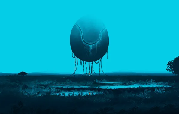 Вода, деревья, туман, фантастика, нет людей, корабль-капсула