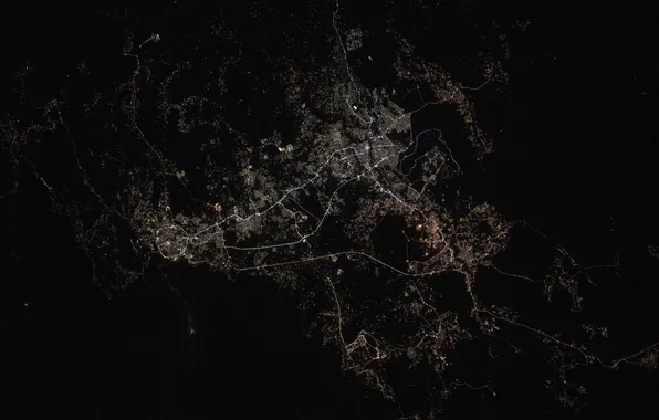 Город, огни, вид из космоса, силуэты