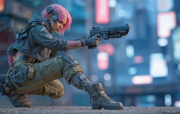 City, pink hair, cyberpunk, women, girls with guns, squatting, aiming, depth of field