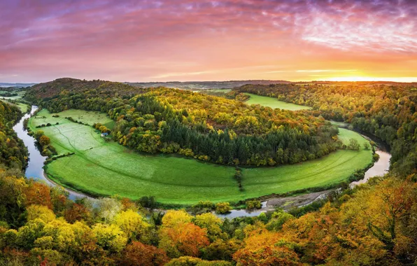 Картинка осень, небо, деревья, река, краски, Англия, River Wye