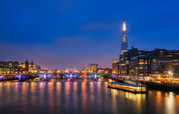 Картинка ночь, река, Англия, Лондон, здания, небоскребы, вечер, подсветка