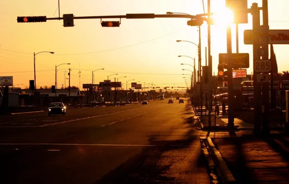Картинка солнце, улица, Город, фонари, автомобили