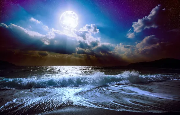 Картинка море, волны, небо, облака, пейзаж, ночь, природа, океан