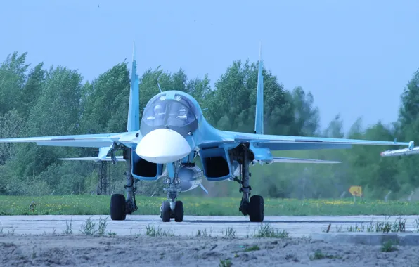Картинка истребитель, бомбардировщик, аэродром, российский, Су-34, многофункциональный, передок.