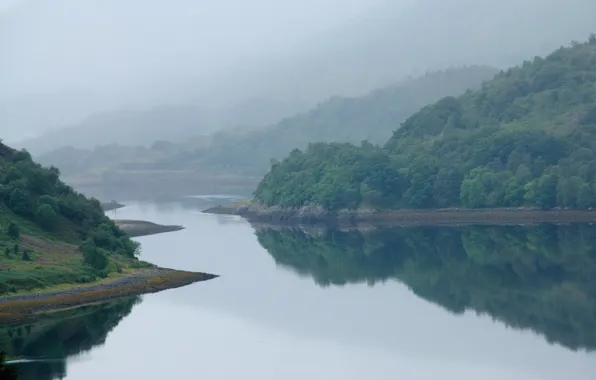 Картинка небо, вода, горы, туман, река, шотландия