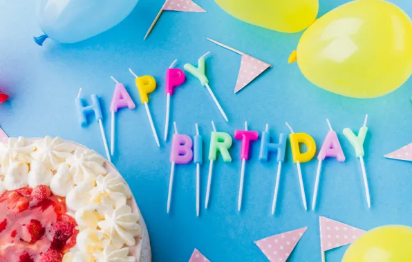 Картинка праздник, шары, свечи, торт, день рождение