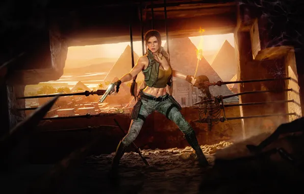 Грудь, девушка, рендеринг, пистолет, пирамида, скелет, факел, lara croft